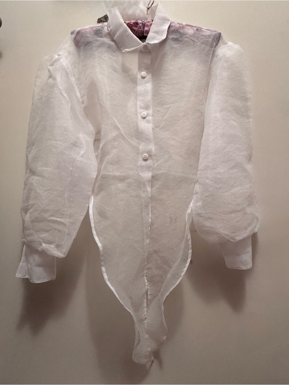 Sheer White Women's Button-Front Blouse with Volume Sleeves